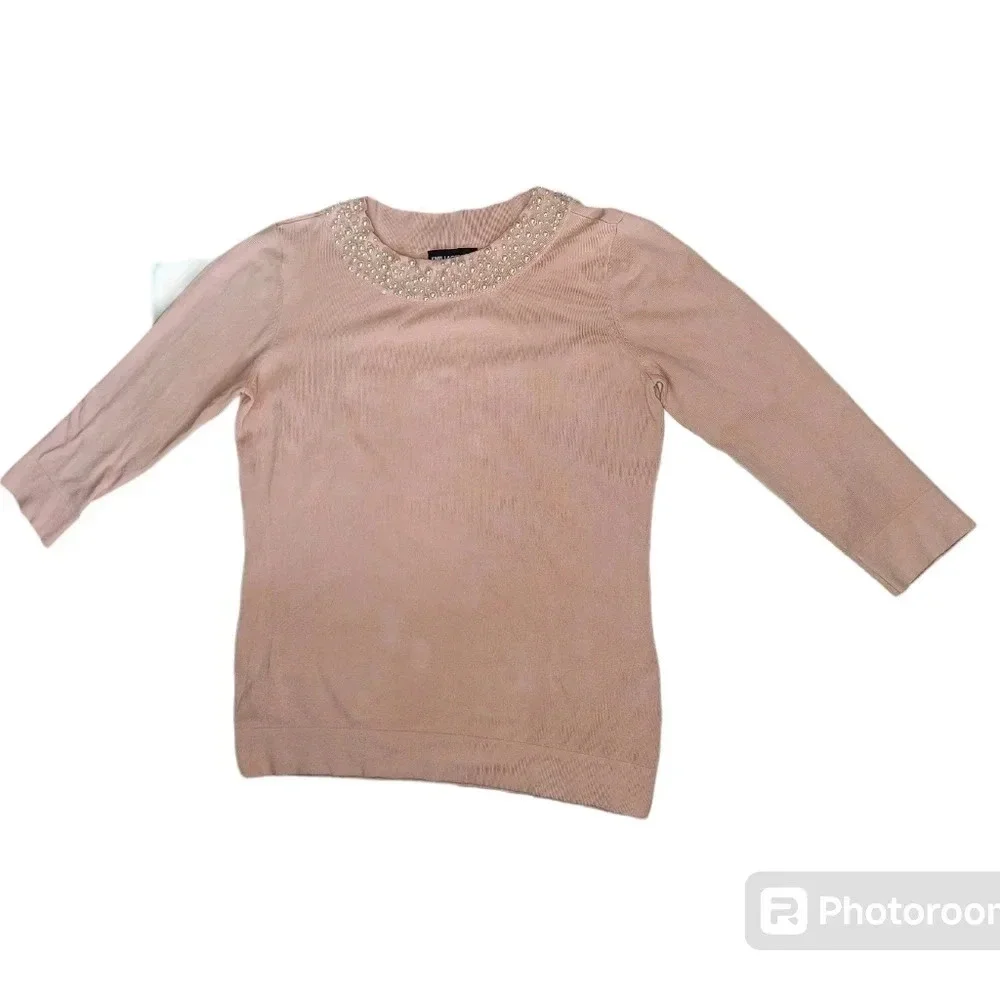 Karl Lagerfeld Paris Faux Pearl Neck Pale Pink  Lightweight Pullover Sweater, M - Picture 11 of 11